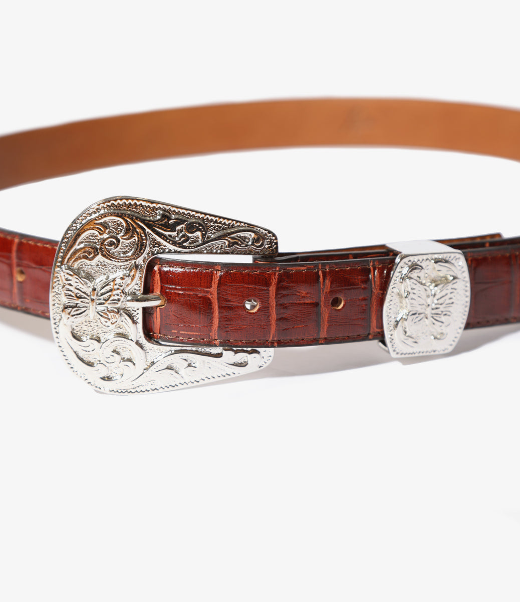 Papillon Western Tip Belt - Crocodile Embossed Leather