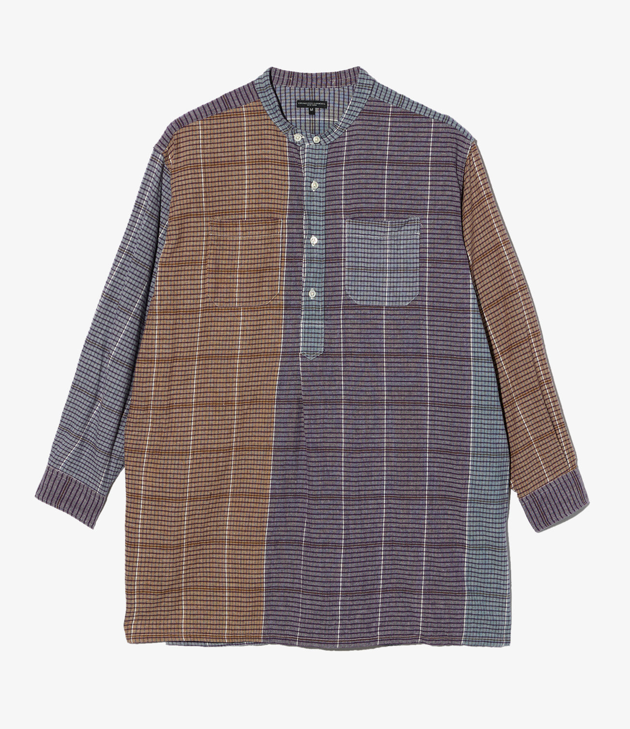 Banded Collar Long Shirt - Cotton Color Block Check
