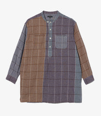 Banded Collar Long Shirt - Cotton Color Block Check