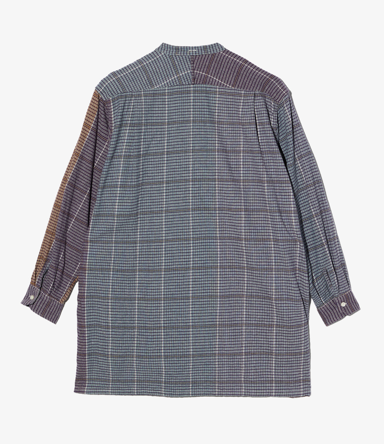 Banded Collar Long Shirt - Cotton Color Block Check