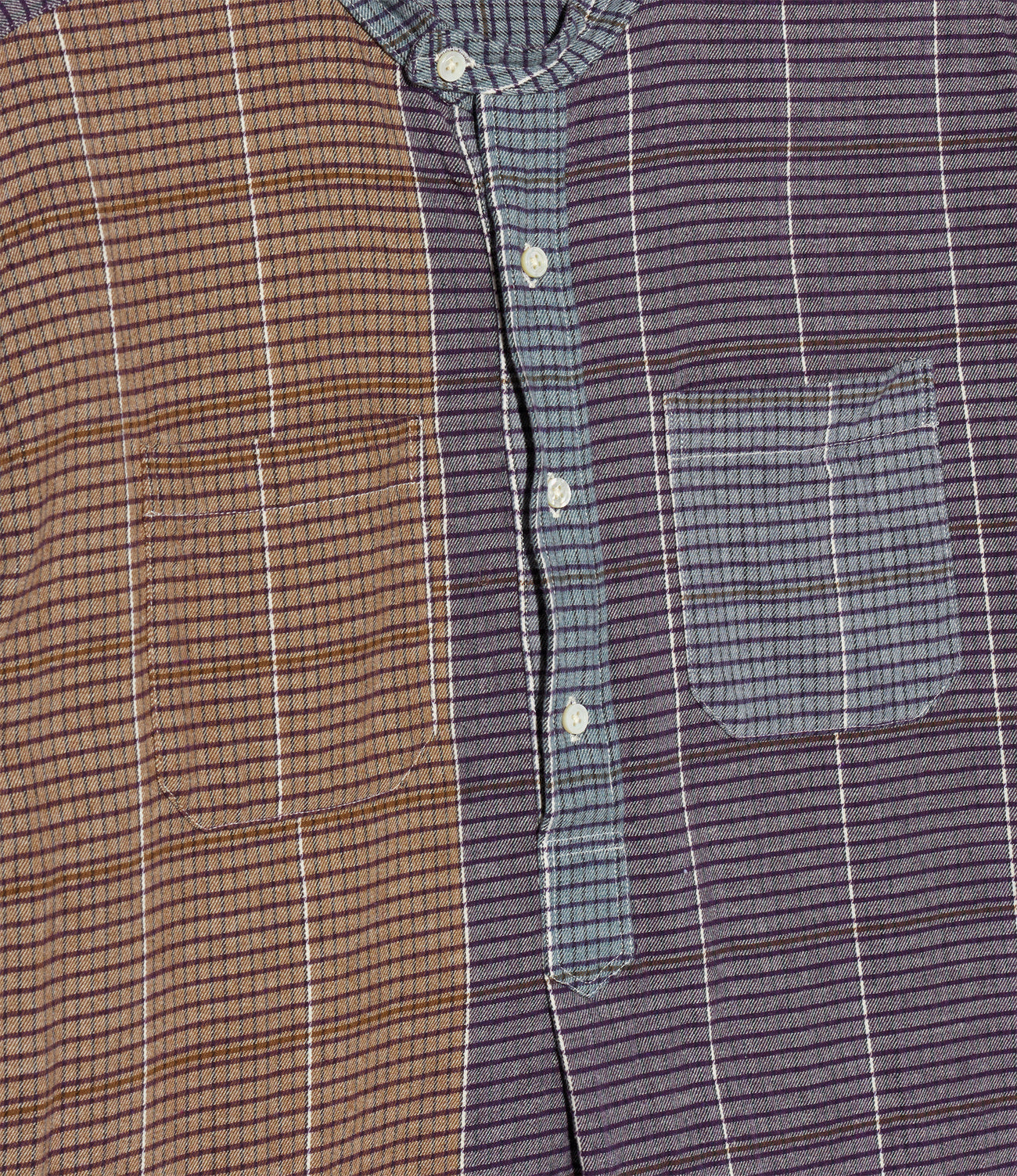 Banded Collar Long Shirt - Cotton Color Block Check