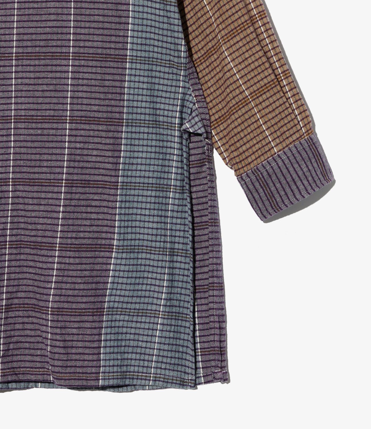 Banded Collar Long Shirt - Cotton Color Block Check