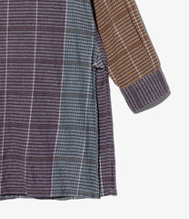 Banded Collar Long Shirt - Cotton Color Block Check