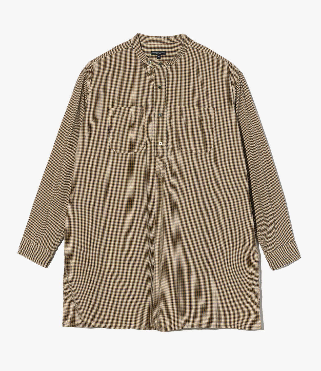 Banded Collar Long Shirt - Cotton Small Check