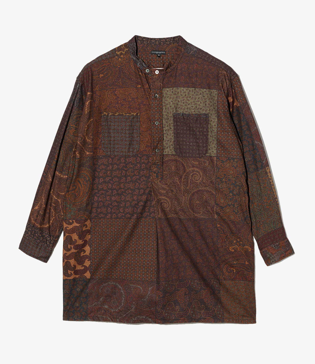 Banded Collar Long Shirt - Cotton Paisley Patchwork Print