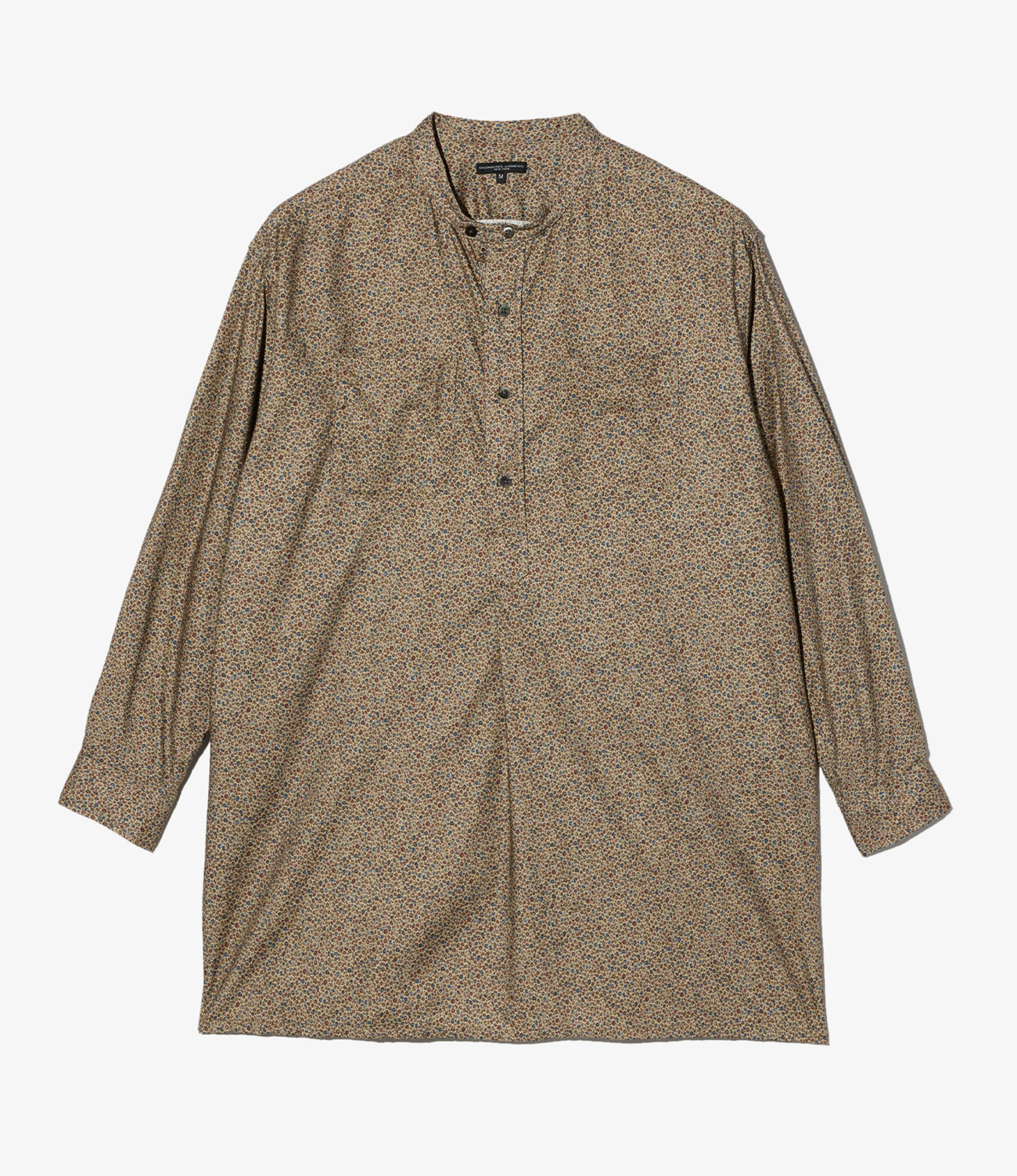 Banded Collar Long Shirt - Cotton Small Floral Print Flannel