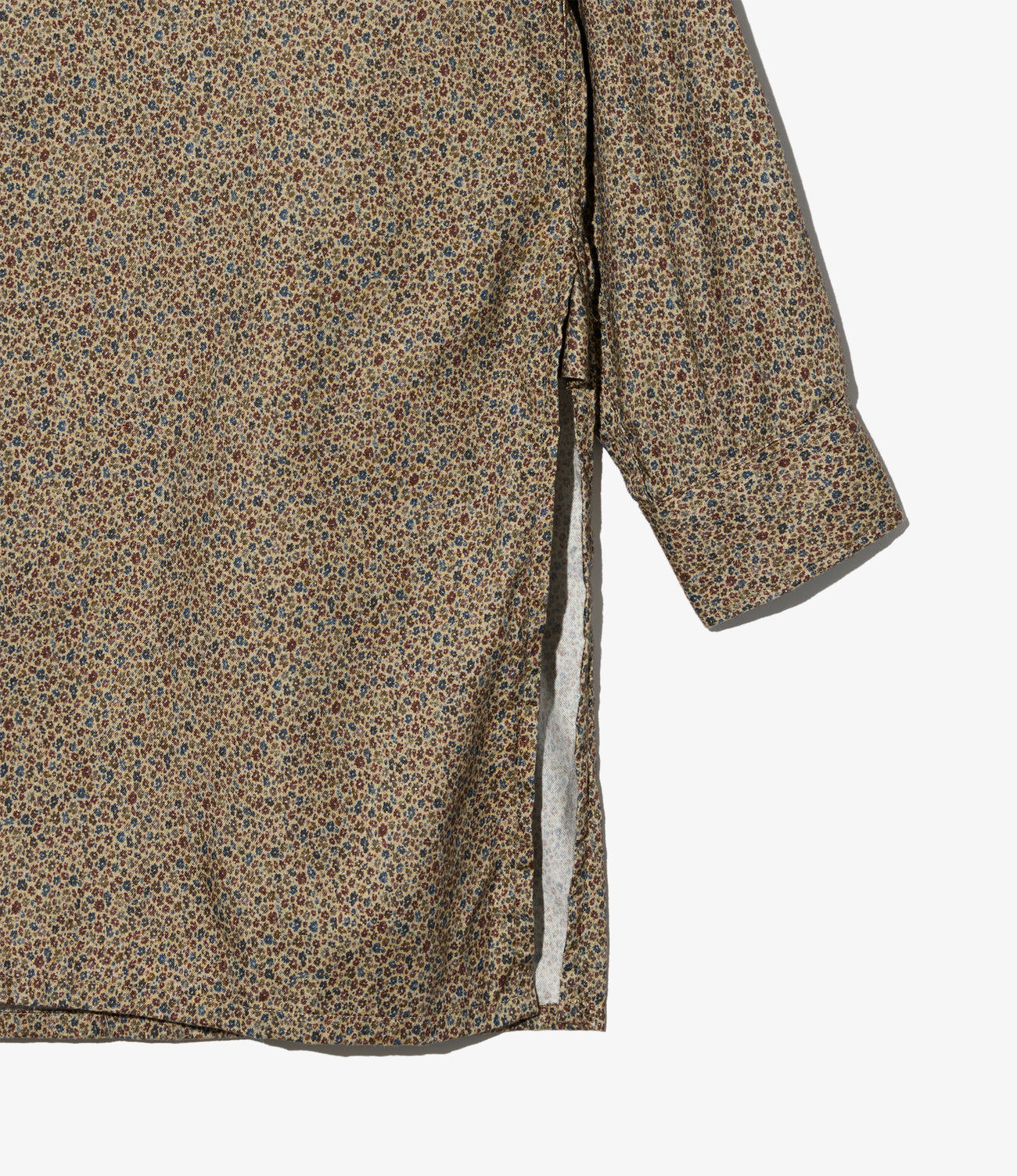 Banded Collar Long Shirt - Cotton Small Floral Print Flannel