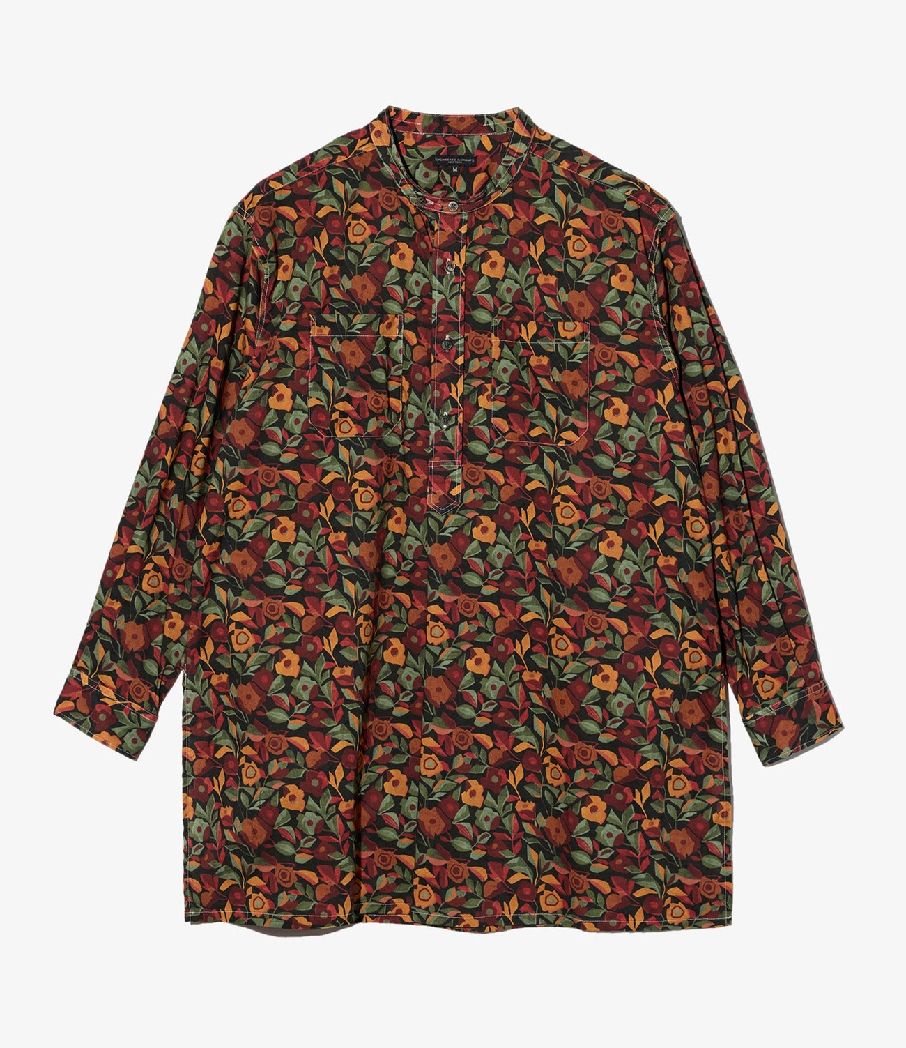 Banded Collar Long Shirt - Cotton Rose Print