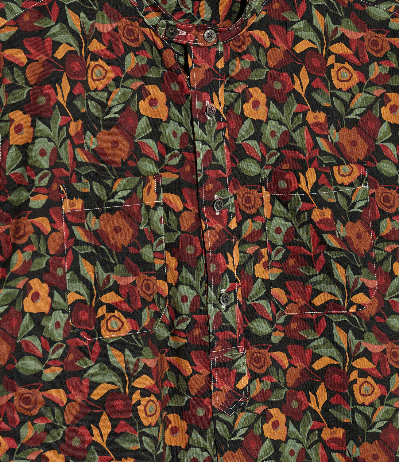 Banded Collar Long Shirt - Cotton Rose Print