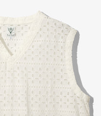 Sleeveless V Neck Shirt - Cutwork Embroidery